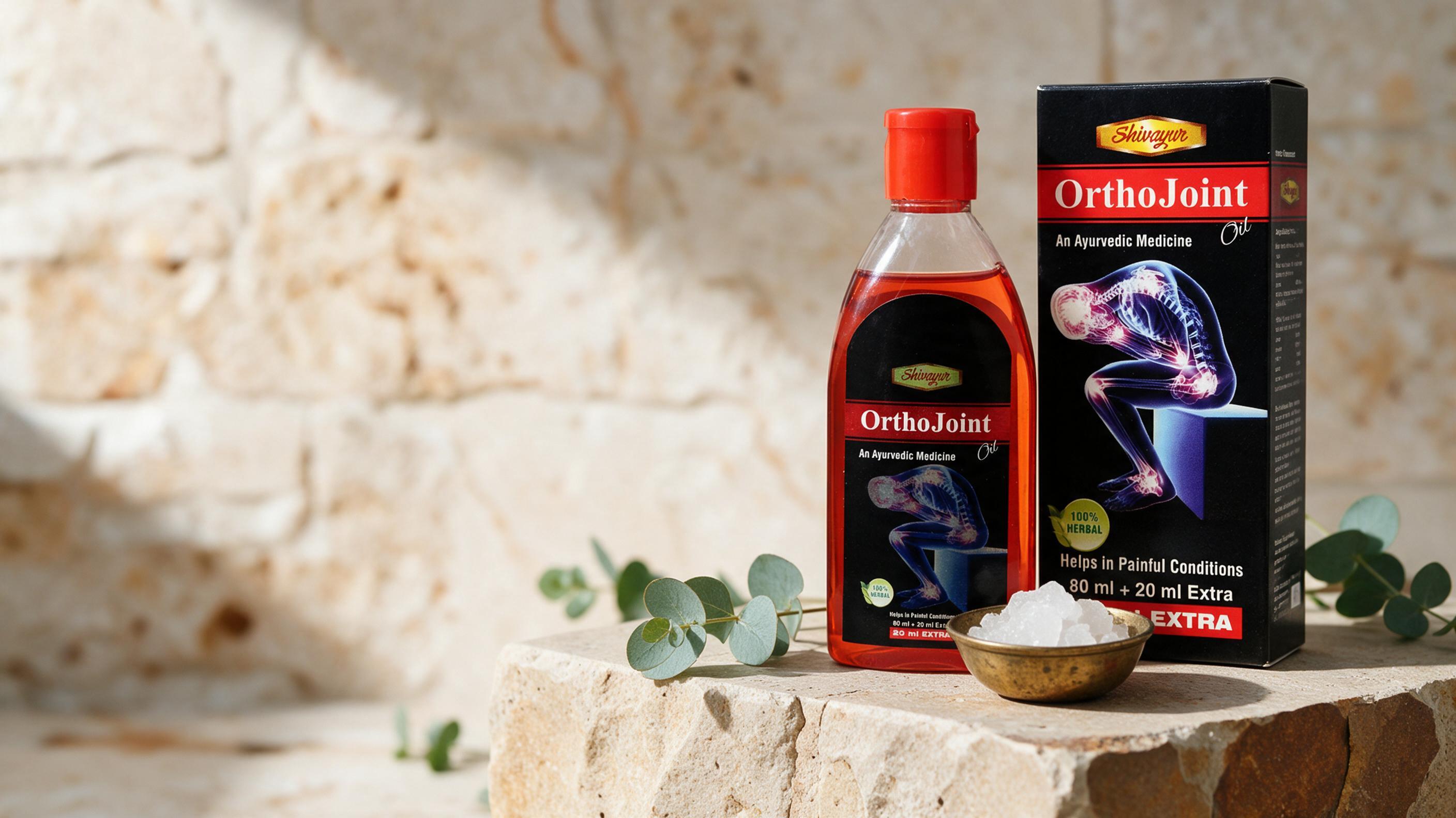 Shivayur OrthoJoint Pain Relief Oil bottle on natural slate pedestal in Ayurvedic studio
