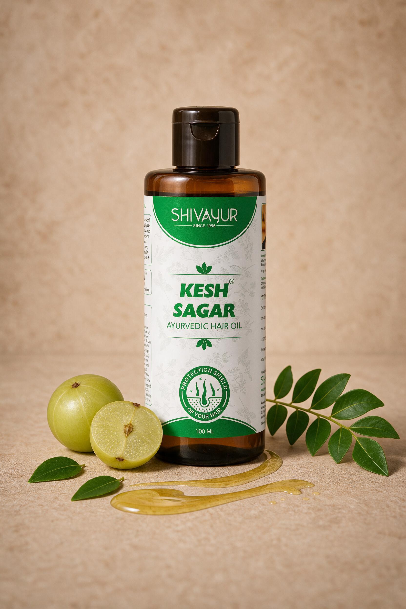 Shivayur Kesh Sagar Hair Oil bottle in warm studio lighting