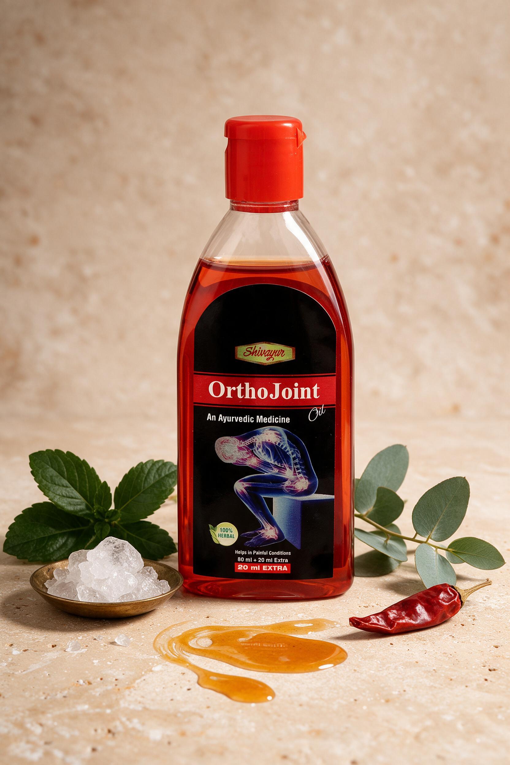 Shivayur OrthoJoint Oil bottle in warm studio lighting